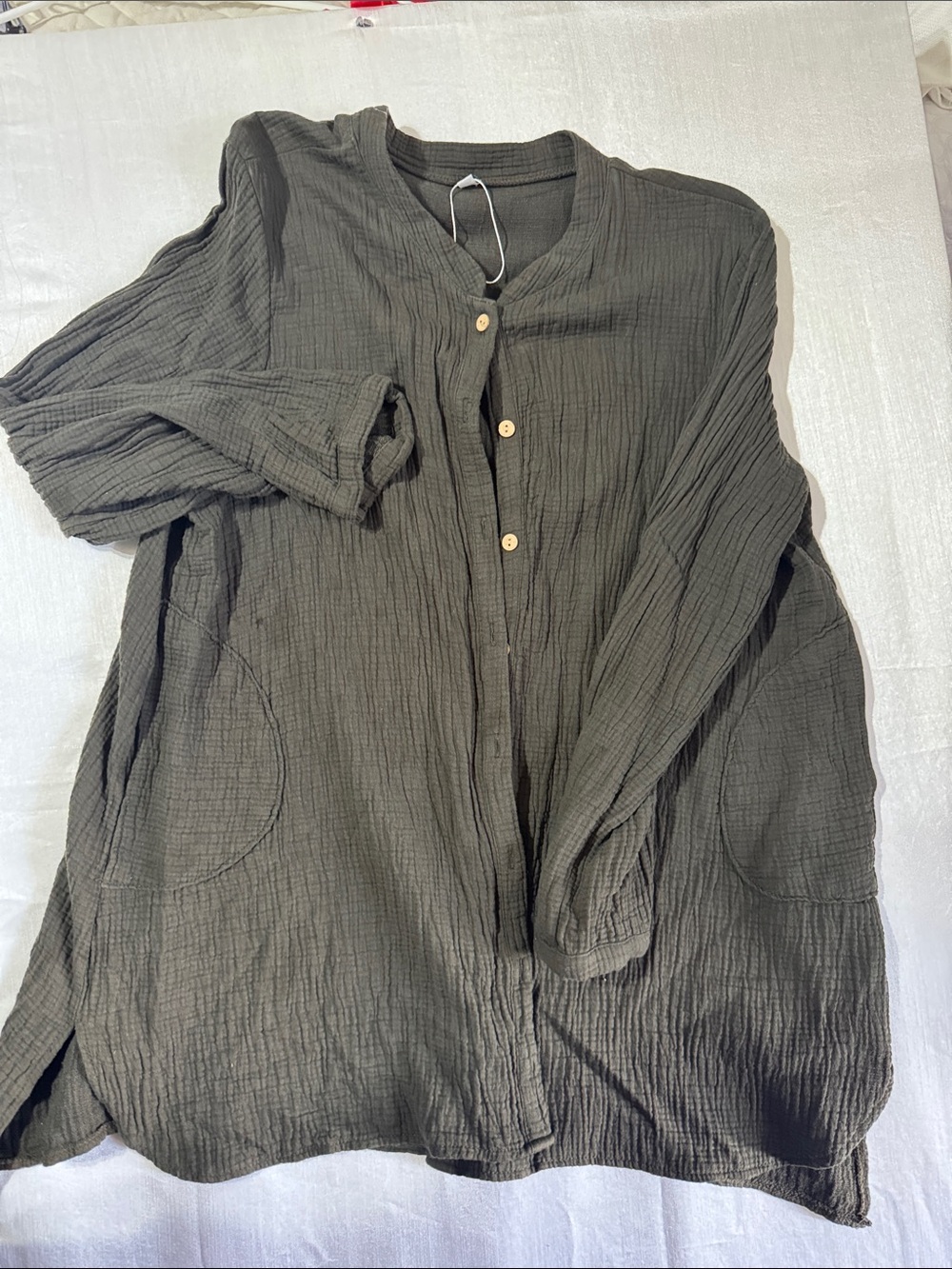 Men's Olive Green Casual Button-Down Gauze Shirt/0054